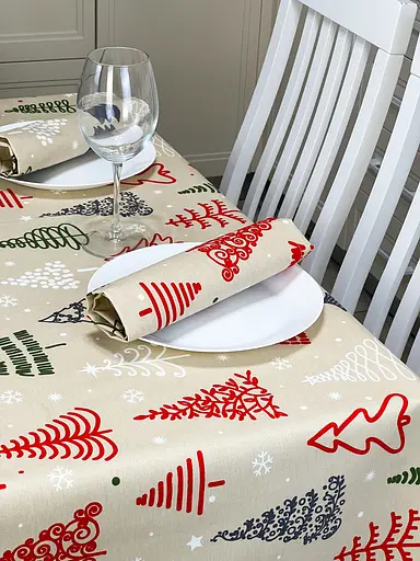 Водоотталкивающая Скатерть новогодняя с принтом Елки 220х140 см (+ 4 салфетки 30х40) Бежевый - фото 10