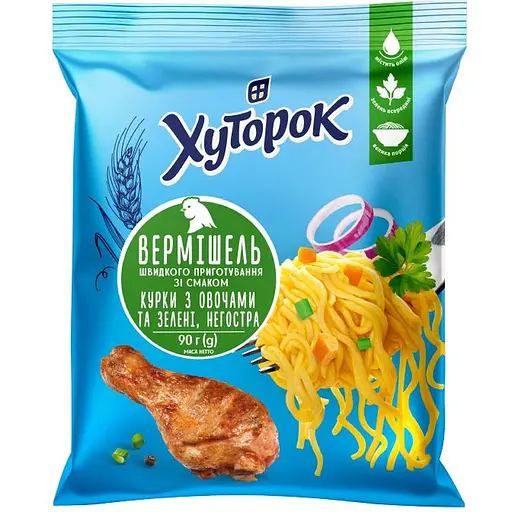 Вермишель быстрого приготовления Хуторок со вкусом курицы с овощами не острая 90 г