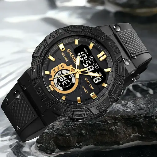 Чоловічий спортивний годинник Skmei 1881 (Чорний із золотистим і чорним циферблатом) - фото 7
