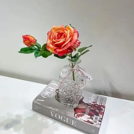 Троянда штучна Real Touch латексна квітка з бутоном 65 см сицилійський апельсин рожево-персикова - фото 3