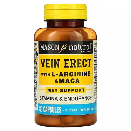 Підтримка чоловічої сили з L-аргініном та макою Mason Natural Vein Erect with L-Arginine & Maca 80 капсул