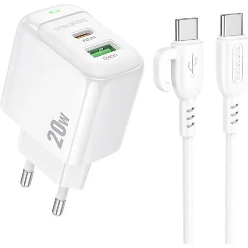 Сетевое зарядное устройство с кабелем Borofone BAS44A Potential PD20W+QC3. 0 charger set(C to C) белый - фото 1