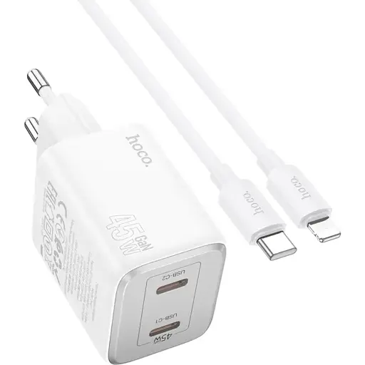 Мережевий зарядний пристрій Hoco N42 2 Type-C PD 45W білий + кабель Type-C to Lightning - фото 1
