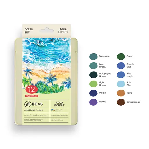 Набор карандашей акварельных 99IDEAS "Aqua Expert" 12 цветов, Ocean Set, металлическая коробка, 99AE-12OCN - фото 3
