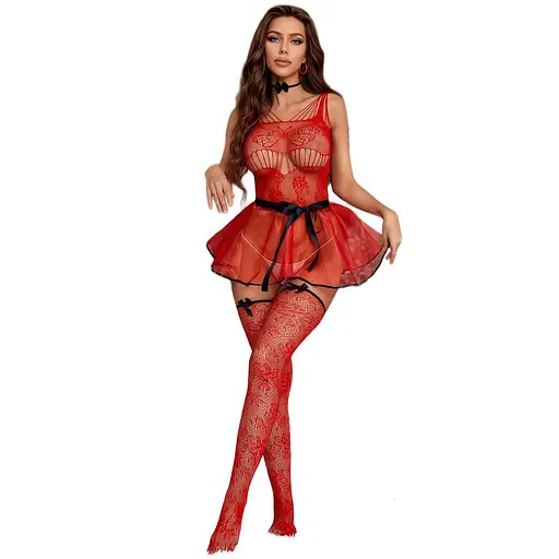 Рольова еротична міні-сукня новорічна з панчохами S/M/L червона - фото 1