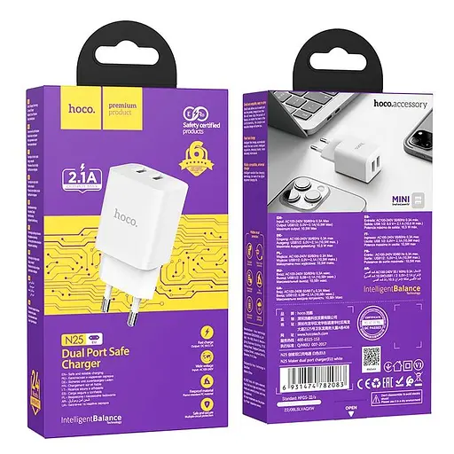Адаптер сетевой HOCO Maker dual port charger N25 белое зарядное 2USB - фото 3