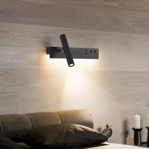 Чорне бра з поворотним спотом зліва + розʼєм USB Арт. WJ 028/2 R BK (правий) Line F - фото 1