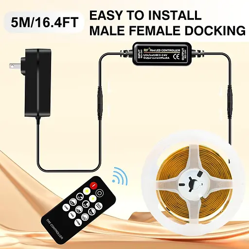 Світлодіодна стрічка COB 5 м, світлодіодна стрічка теплого білого кольору 3000 K, 24 В з димуванням, CRI92, ширина 8 мм, з пультом - фото 4