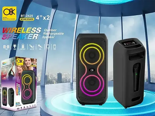 Музична портативна Вluetooth колонка BT-2425 4"x2 з мікрофоном світлодіодне підсвічування 20 Вт Чорне - фото 3