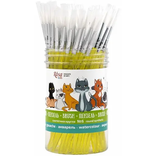Синтетика кругла №6 тубус 50 шт жовта ручка пензель Rosa Kids