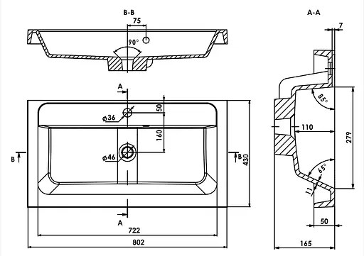 Раковина матова врізна Amidicon Pandora 80 800x430 з литого каменю PANDORA_80_MAT, Білий матовий - фото 6
