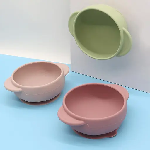 Набор детской силиконовой посуды Cheeks для прикорма на присосках из пищевого силикона темно розовый с грызунком прорезывателем-погремушкой  - фото 11