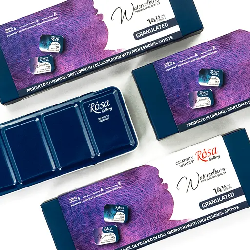 Набір акварельних фарб GRANULATION 14 кол. 2.5 мл, кювета пенал Індіго метал Rosa Gallery - фото 5