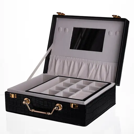 Скринька для прикрас з еко шкіри 19 відділень із дзеркалом 23.5×14×8 см органайзер для прикрас Чорний Yiwu HP-5-20B - фото 5