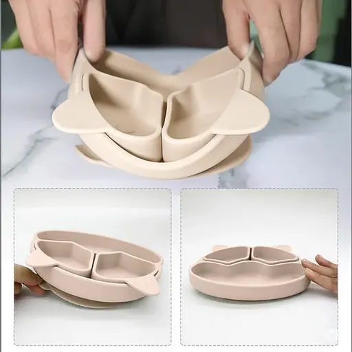 Набор детской силиконовой посуды Cheeks для прикорма на присосках из пищевого силикона бежевый с грызунком прорезывателем-погремушкой Жираф - фото 3