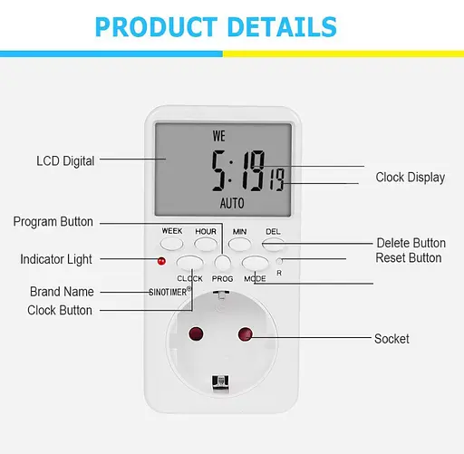 Енергоощадна розетка таймер Sinotiter TM-519, 16 A, 3000 W, 230 V з програмою на вмикання і вимкнення - фото 2