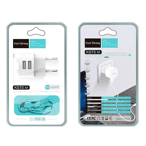 Сетевой адаптер KONI Strong Micro USB cable KS73M 2 USB блок зарядный белый - фото 1