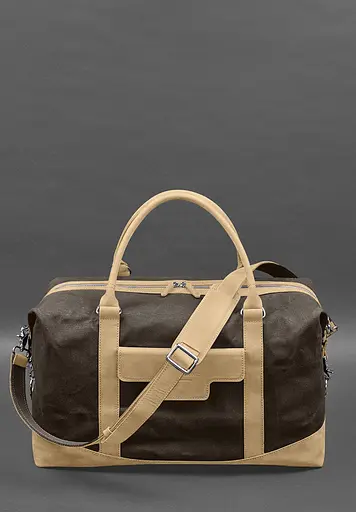 Дорожная сумка из коричневого конваса и натуральной кожи Crazy Horse светло-бежевая - фото 2