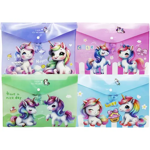 Папка-кнопка А4+ 18 мкм Единорог 23.5x33 см 4 шт. в упаковке в ассортименте