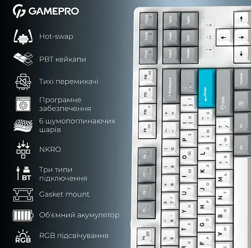 Клавиатура игровая механическая GamePro MK-285-WH Asgard Ragnar Keychron Super Red Switch Bluetooth 5.2/2.4 ГГц/USB White - фото 2