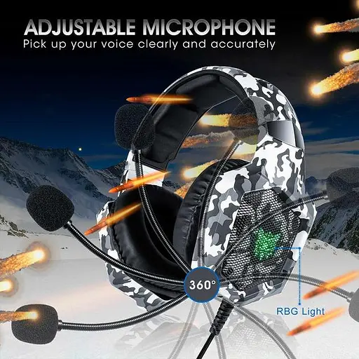 Проводная игровая гарнитура Onikuma Gaming with LED K8, USB, 3.5mm, 2.2m, Camouflage-White - фото 11
