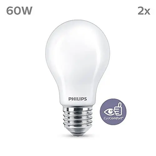 Лампочка Philips LED Classic A60 Frosted Light Bulb 2 Pack [E27 Edison Screw] 60 Вт, Холодный Белый 4000K, Без затемнения - фото 3