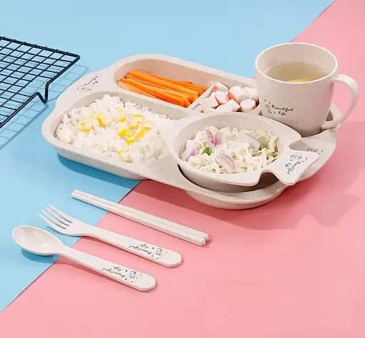 Набор детской посуды из биоразлагаемого волокна пшеничной соломы 6 предметов, бежевый - фото 2