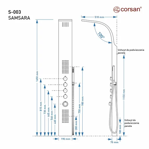 Душова панель Corsan Samsara black з виливом та термостатом S003TBLW, Чорний матовий - фото 6