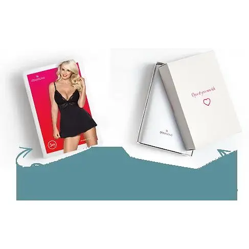 Сатиновый пеньюар с кружевом Obsessive 810-BAB-1 Babydoll & Thong S/M, черный, пеньюар, танга - фото 8