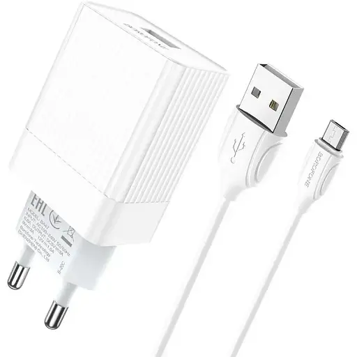 Сетевое зарядное устройство с кабелем Borofone BA47A Mighty speed single port QC3. 0 3A + Micro-USB cable 18W белый - фото 1