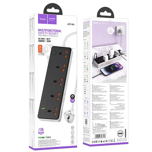 Сетевой удлинитель HOCO AC14A Rico 5-position socket(PD30W1C3A) (1.5 м) Black - фото 5