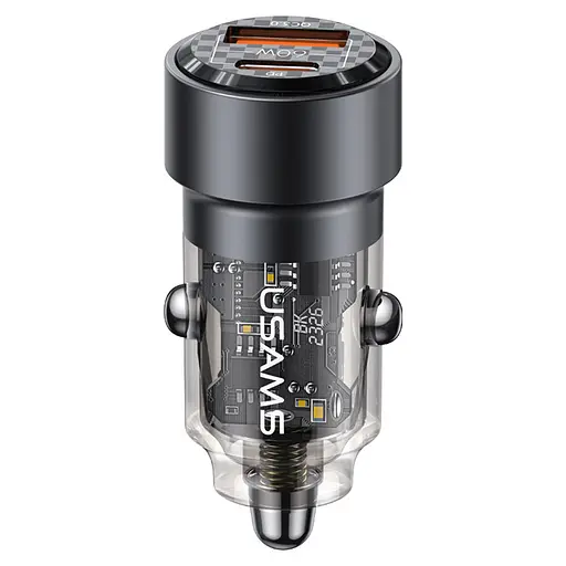 Автомобільний зарядний пристрій Usams US-CC208 C39 60W A+C Dual Port Aluminum Transparent Fast Charging Car Charger Чорний - фото 1