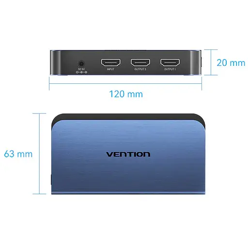 Сплиттер HDMI 2.0 UHD 4K 60Hz 3D, HDCP 1x2 ports Blue Aluminum Alloy Vention - фото 2