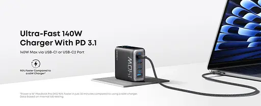 Мережевий зарядний пристрій Anker Laptop GaN Charger 140W 3xUSB-C PD3.1 & 1xUSB-A w Display and Cable Black (7121460) - фото 2