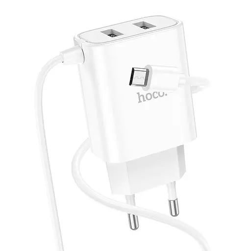 Зарядний пристрій Hoco C103A 2 порти + вбудований Micro USB кабель біле - фото 6