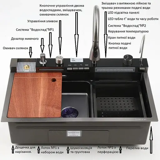 Мойка кухонная Zegor два водопада/смеситель/кран/дозатор/ринзер 750х460х210 мм ML-7035PT/KMO4-A030 30412 - фото 3