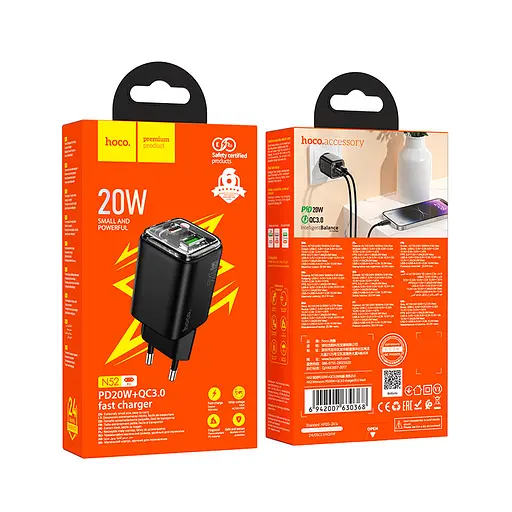 Мережевий зарядний пристрій Hoco N52 Monsoon PD20W+QC3.0 charger(EU) Чорний - фото 2