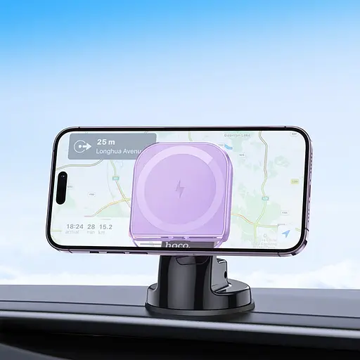 Автодержатель Hoco HW18 магнитный с беспроводной зарядкой 15W фиолетовый - фото 3