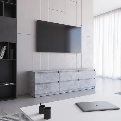 Тумба під телевізор Vays R-12 Бетон, 6 шухляд без ручок, ЛДСП, 180×40×53 см