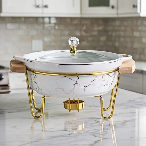 Марміт порцеляновий настільний круглий 800 (мл) мармітниця з підігрівом Білий мармур Yiwu LC-710