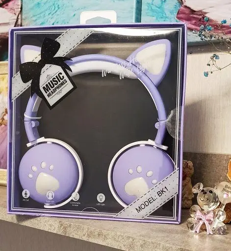 Беспроводные детские наушники CAT ВК-1 с кошачьими ушками и LED подсветкой, подарочные светло-фиолетовые - фото 2