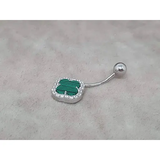 Серебряная серьга для пирсинга пупка Ирий Клевер с малахитом. 6025.1 - фото 2