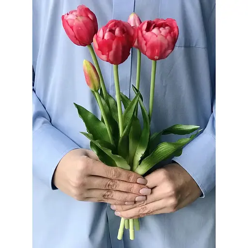 Тюльпани латексні Hvoya Real Touch махрові букет 5 квіток яскраво-рожеві - фото 3