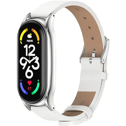 Кожаный ремешок MiJobs для фитнес-браслета Xiaomi Mi Band 5 и 6 Type С белый, держатель - серебристый