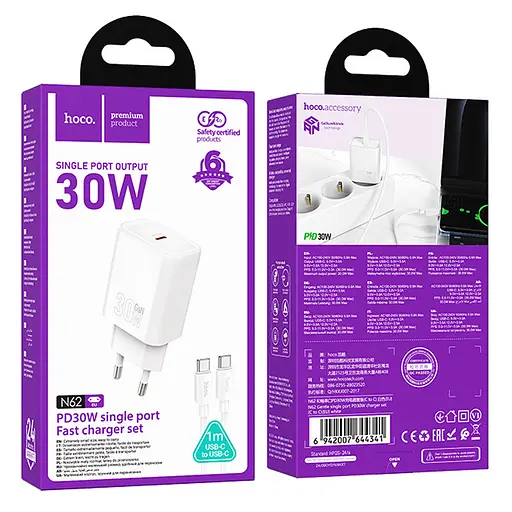 МЗП Hoco N62 Gentle PD30W (1USB-C) + кабель Type-C to Type-C White - фото 3