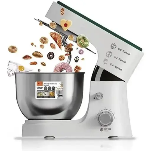 Стационарный миксер тестомес Bitek BT-6611G комбайн с металлической чашей планетарное вращение 4л 3000Вт Белый - фото 3