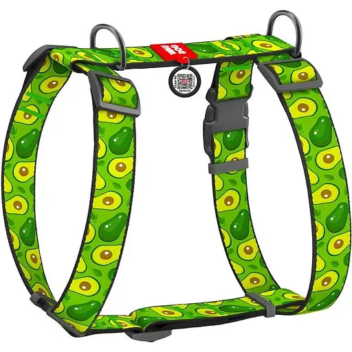 Шлея для собак Waudog Nylon анатомічна H-подібна з QR-паспортом, малюнок "Авокадо", пластиковий фастекс, XL