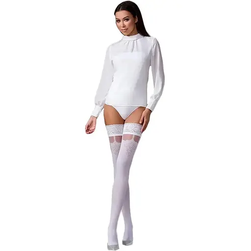 Чулки Passion ST121 3/4 белые, на ажурной силиконовой резинке, с цветочным орнаментом - фото 3