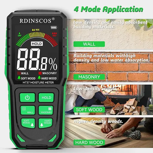 RDINSCOS Безконтактний вимірник вологості для стін Неінвазивний вимірник вологості Великий дисплей з підсвічуванням - фото 5