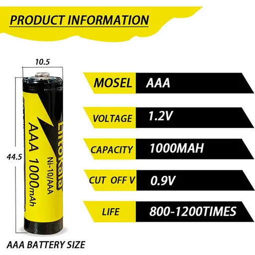 Аккумулятор LiitoKala Ni-10/AAA 1.2V 1000mAh (Черный с желтым) - фото 3